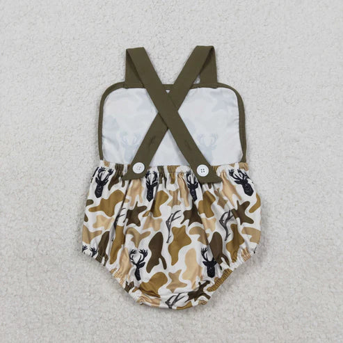 RTS NO MOQ Sibling Baby Boys Camo Shirt Top with Pockets Short Set Strap Rompers Hunting Clothes Deer Print Baby Boy Outfit