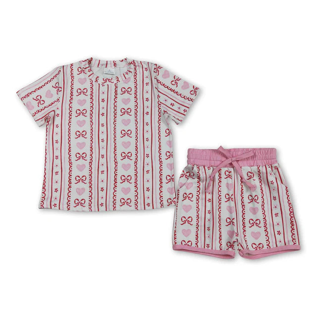 RTS NO MOQ Sibling Baby Girls Bows Hearts Stripe Top Pockets Shorts Valentines Clothes Sets
