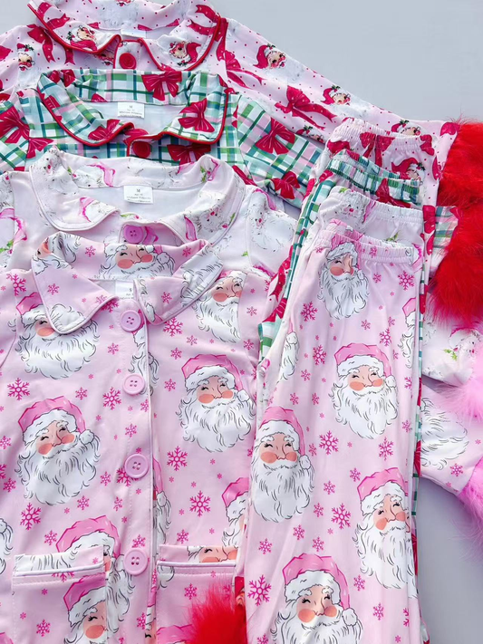 RTS NO MOQ Sibling Baby Girls Christmas Pink Plush Button Long Sleeve Long Pants Pajama Set