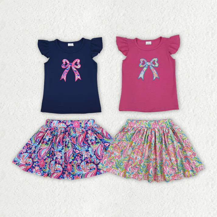 RTS NO MOQ baby Girls clothes embroidery floral pattern short sleeve skirts sets