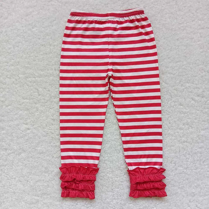 RTS NO MOQ Triple Lace Hem Stripe Trousers: Green & Red