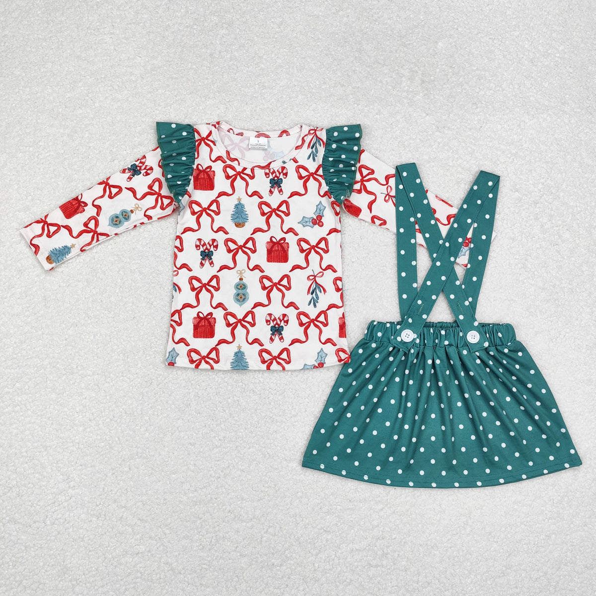 rts no moq GLD0617 Christmas bow polka dot green long-sleeved suspender skirt set