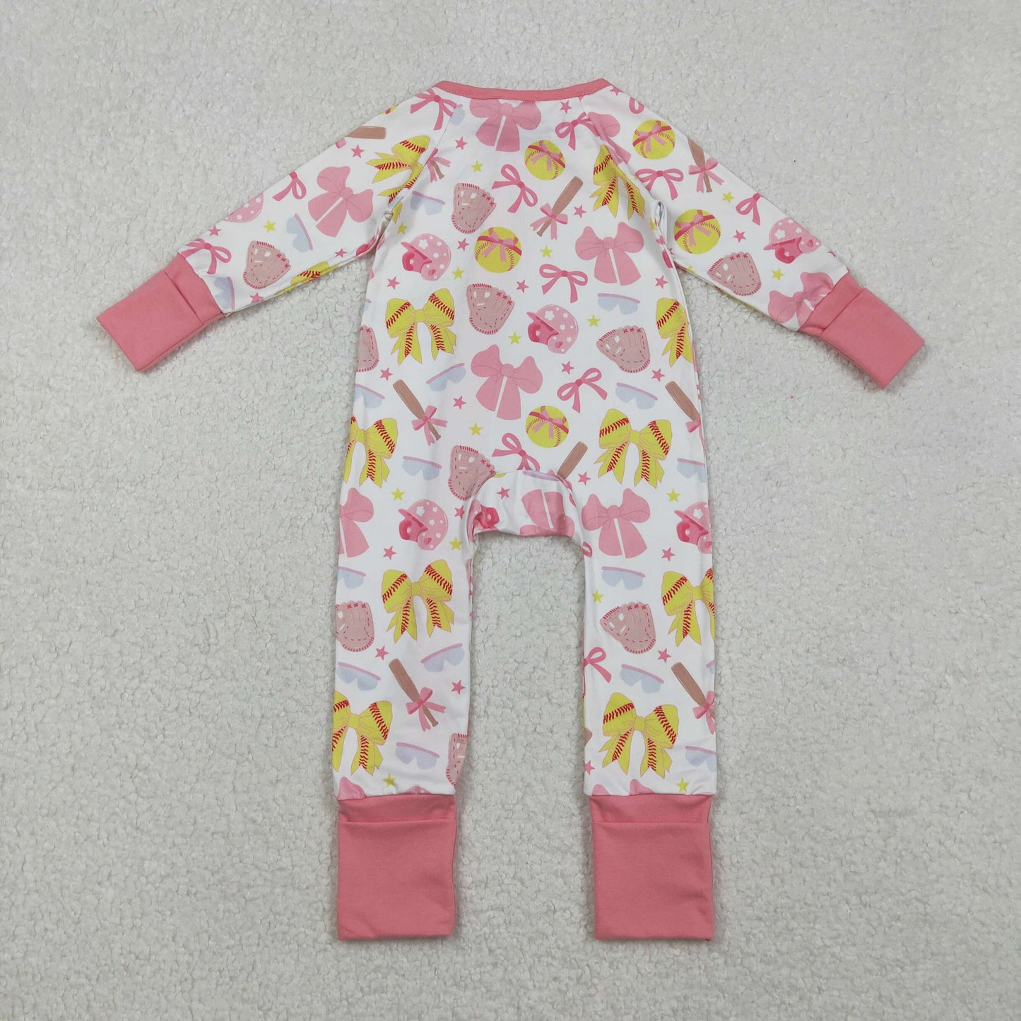 RTS NO MOQ（In Stock) LR2705 Softball Bow Printed Long-Sleeved Zippered Bodysuit in Pink and White