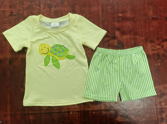 custom moq 5 eta 5weeks summer baby boys clothes turtle short sleeve light green grid shorts Set
