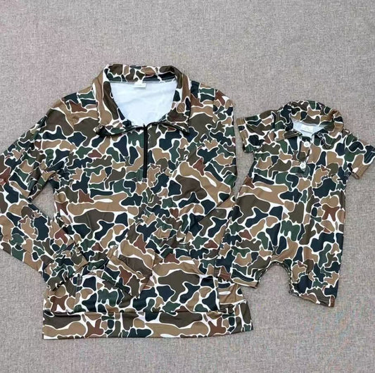 Sibling RTS NO MOQ Adult baby Girls clothes camouflage adult long sleeve top and kids romper
