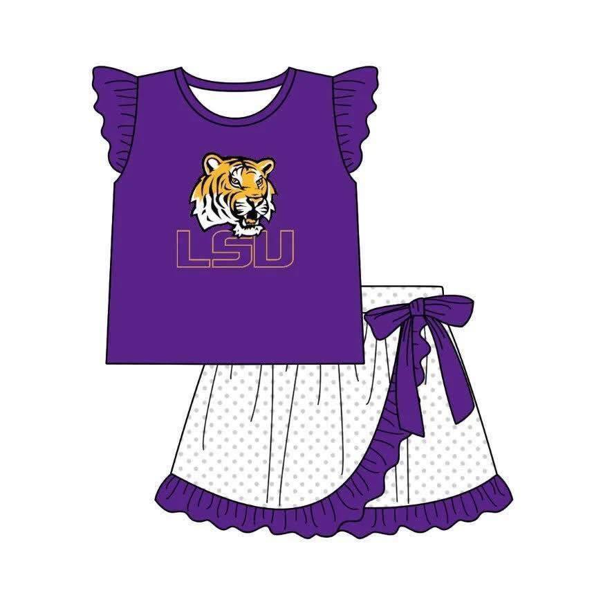Custom moq 5 mix size milk silk summer teams Baby Girls Cute Purple Flutter Sleeve Top Ruffle Skirt Shorts Sets