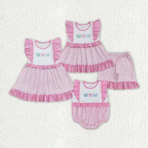 RTS NO MOQ Baby Girls Crabs Pink Summer Sibling Rompers Dresses Clothes Sets