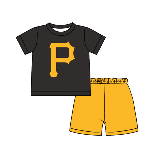 Custom moq 5 mix size milk silk summer teams Baby Boy's black  Short-Sleeved O-Neck Top And solid color Shorts Set