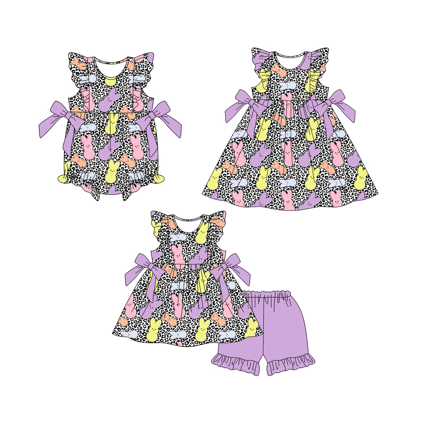 25.12.29 custom each style moq 5 eta 6-8week Sibling Sister bunny baby short sleeve shorts sets and romper and dress match design