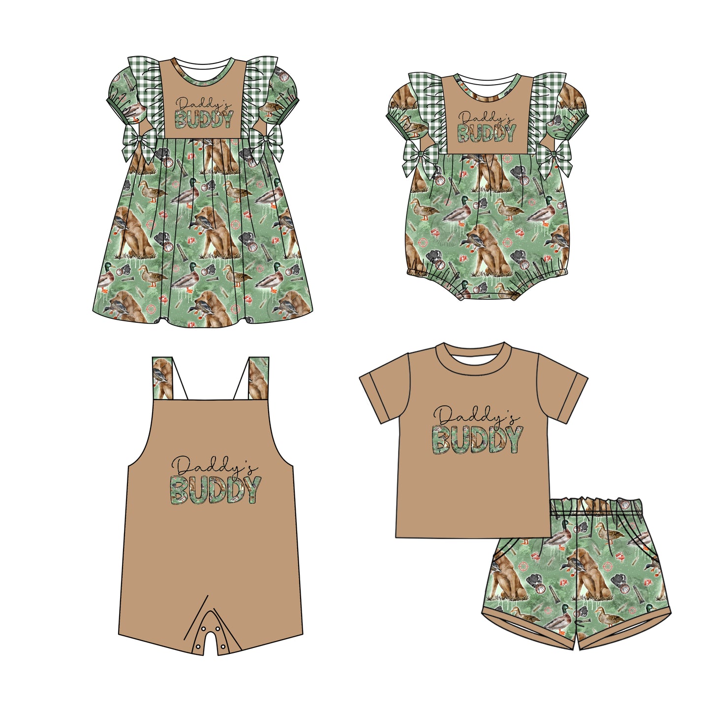 11.21 custom each style moq 5eta 4-6week Sibling Sister DADDY BUDDY camouflage baby boy short sleeve shorts sets and girls romper and boy romper and dress match design