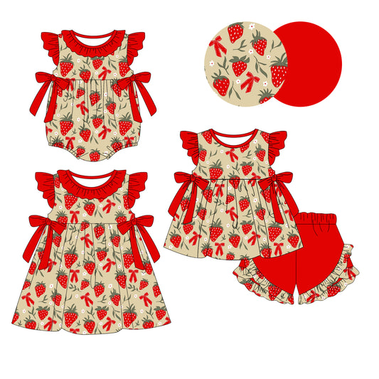 4.12 custom each style moq 5eta 4-6week Sibling Sisters strawberry red baby girl short sleeve shorts sets and dress and rompers match family design