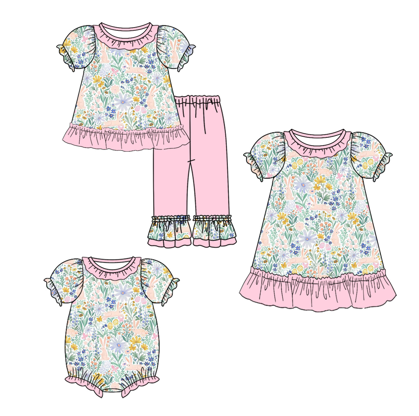 25.10.1 custom each style moq 8 eta 6-8week Sibling Sisters easter bunny floral baby girl short sleeve pants sets and dress and rompers match family design