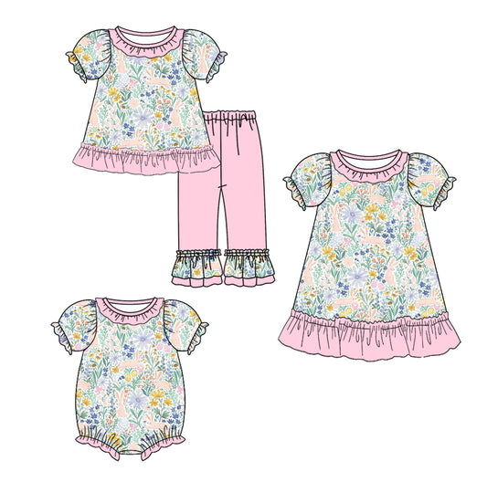 25.10.1 custom each style moq 8 eta 6-8week Sibling Sisters easter bunny floral baby girl short sleeve pants sets and dress and rompers match family design