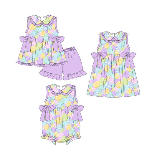 25.11.7 custom each style moq 5 eta 6-8week Sibling Sister easter baby short sleeve shorts sets and romper and dress match design