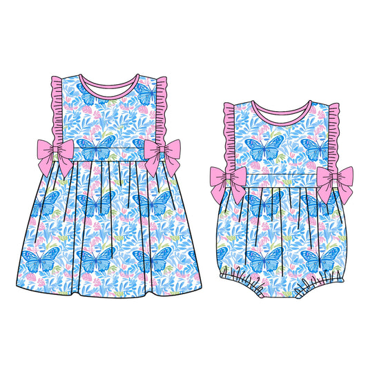 25.11.11 custom each style moq 5 eta 6-8week Sibling Sister butterfly floral baby short sleeve romper and dress match design