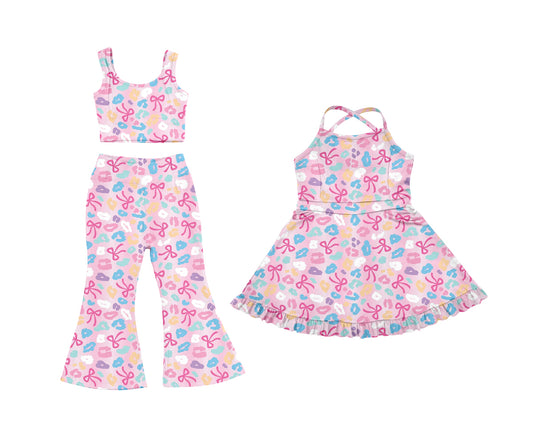25.5.23 custom each style moq 5eta 4-6week Sibling Sister bow pink baby girl pants sets and dress match family design