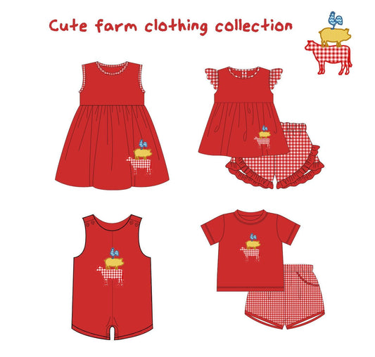 5.9custom each style moq 5eta 4-5week Sibling Sister cute farm collction prints red girls and boy outfits and baby romper match family design