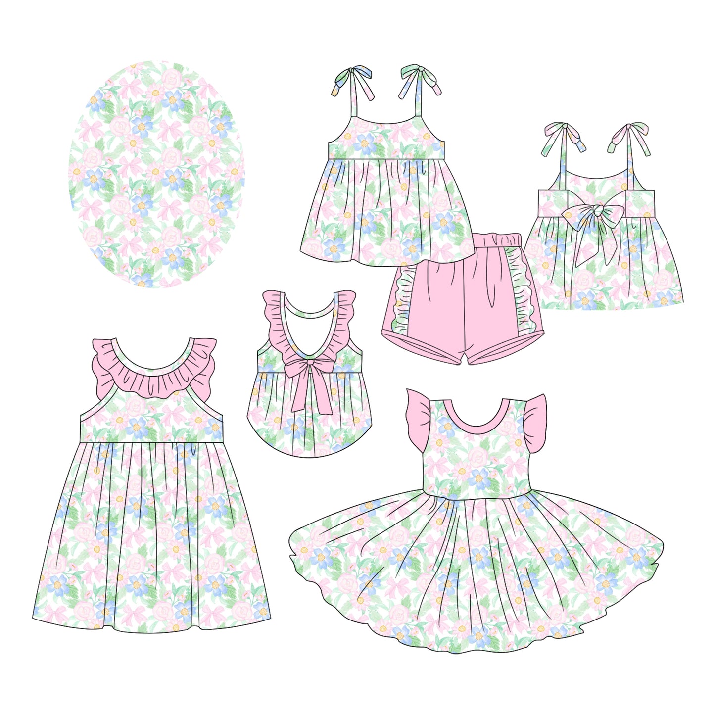 2.17 custom each style moq 5eta 4-6week Sibling Sister floral bow baby girl short sleeve shorts sets and dress and dress 2 match design