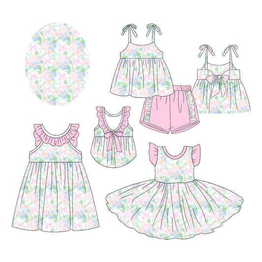 2.17 custom each style moq 5eta 4-6week Sibling Sister floral bow baby girl short sleeve shorts sets and dress and dress 2 match design
