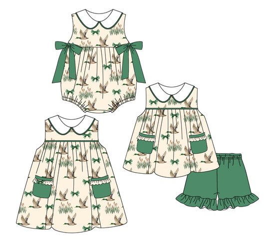 2.21 custom each style moq 5eta 4-6week Sibling Sister duck baby girl short sleeve shorts sets and dress and rompers match family design