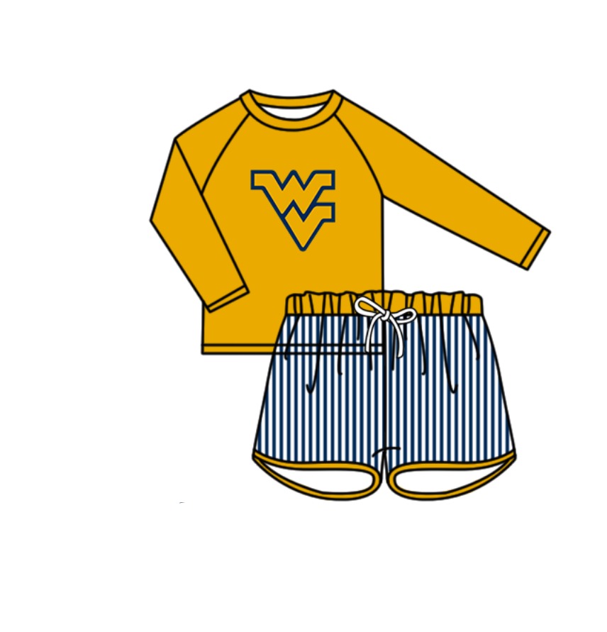 Custom moq 5 mix size milk silk summer teams baby girl boys clothes Yellow Two-Piece Swimsuit Set One Piece Swimsuits boy swim trunks