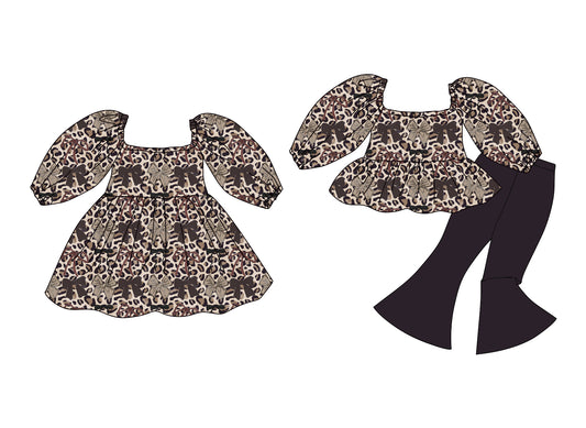 25.12.11 custom each style moq 5 eta 6-8week Sibling Sister bow leopard baby short sleeve pants sets and dress match design