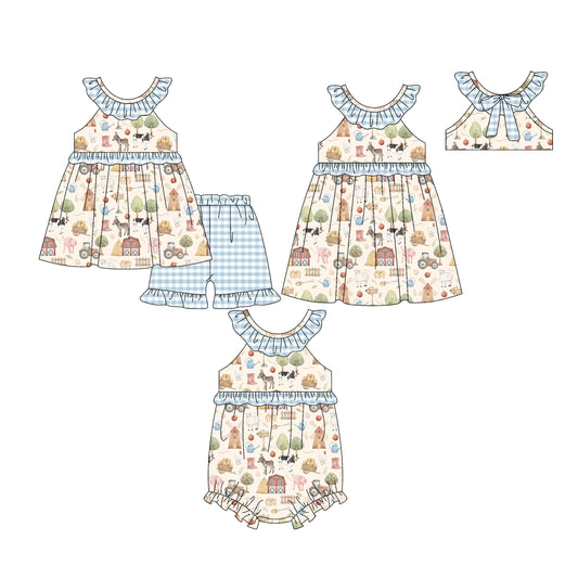 25.12.23 custom each style moq 5 eta 6-8week Sibling Sister farm baby short sleeve shorts sets and romper and dress match design