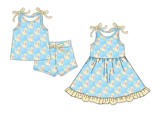 4.10 custom each style moq 5eta 4-6week Sibling Sister puppy baby girl short sleeve shorts sets and dresses match design