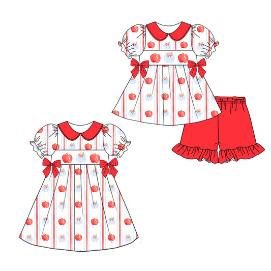 12.31 custom each style moq 5eta 4-6week Sibling Sister apple baby girl short sleeve shorts sets and dresses match design