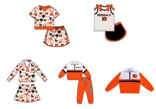 Custom moq 5 mix size milk silk summer teams Girls Orange Polka Dot Top Shorts Set Top Skirt Short Set Zipper Pullover Jogger Pants Set Pullover Tops