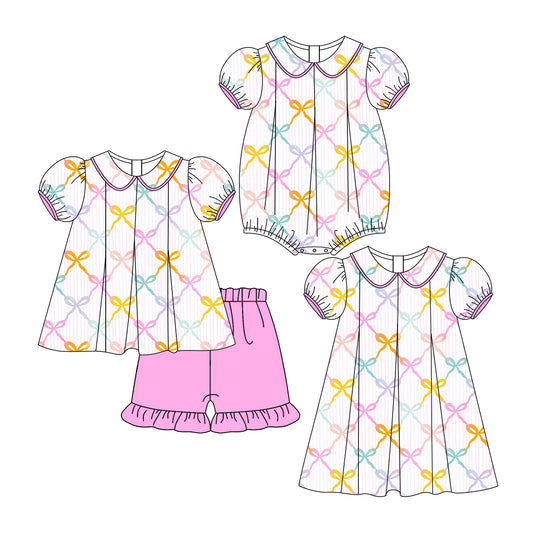 3.12 custom each style moq 5eta 4-6week Sibling Sisters bow baby girl short sleeve shorts sets and dress and rompers match family design