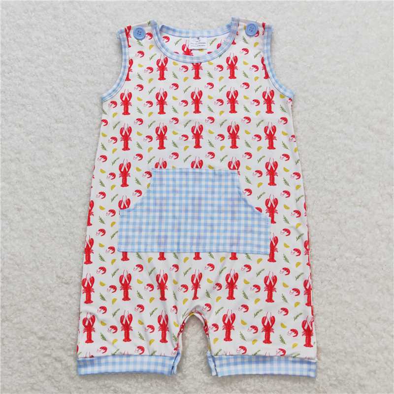 Baby Girls boys lobster prints blue plaid blue Sibling Rompers Clothes Sets