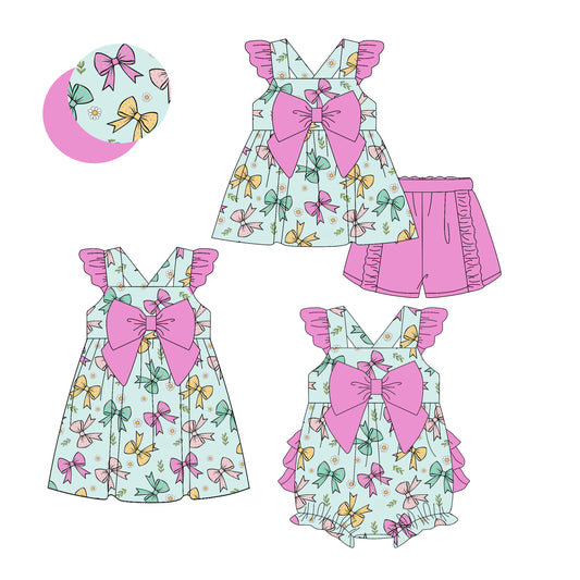 4.2 custom each style moq 5eta 4-6week Sibling Sisters bow floral baby girl short sleeve shorts sets and dress and rompers match family design