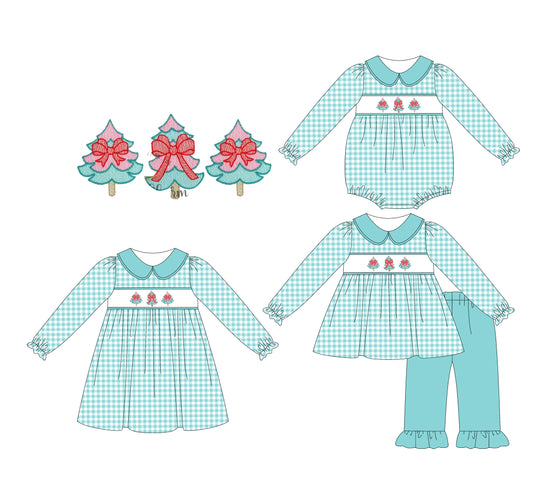 25.5.20 custom each style moq 5eta 4-6week Sibling Sisters Christmas trees bow baby girl long sleeve pants sets and dress and rompers match family design