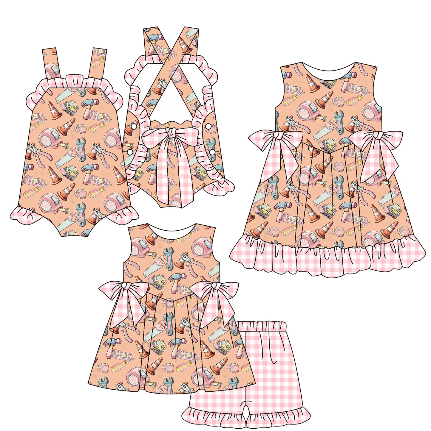 4.8 custom each style moq 5eta 4-6week Sibling Sisters baby girl short sleeve shorts sets and dress and rompers match family design