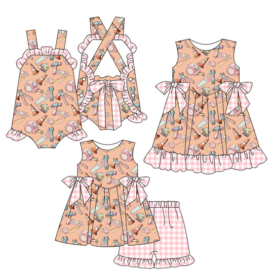 4.8 custom each style moq 5eta 4-6week Sibling Sisters baby girl short sleeve shorts sets and dress and rompers match family design