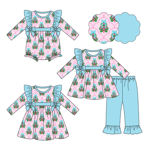 25.6.17 custom each style moq 5eta 4-6week Sibling Sisters Christmas bow blue baby girl long sleeve pants sets and dress and rompers match family design