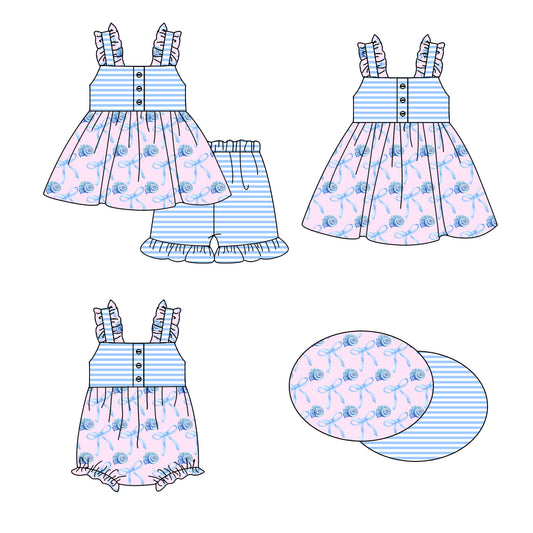 1.16 custom each style moq 5eta 4-6week Sibling Sisters bow baby girl short sleeve shorts sets and dress and rompers match family design