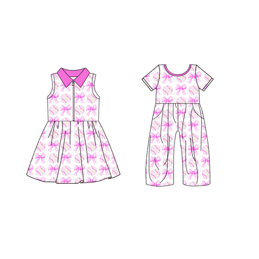 4.19 custom each style moq 5eta 4-6week Sibling Sister baseball bow baby girl short sleeve yoga dresses and jumpsuit match design