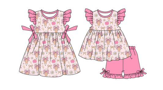 25.12.30 custom each style moq 5 eta 6-8week Sibling Sister bow pencil baby short sleeve shorts sets and dress match design