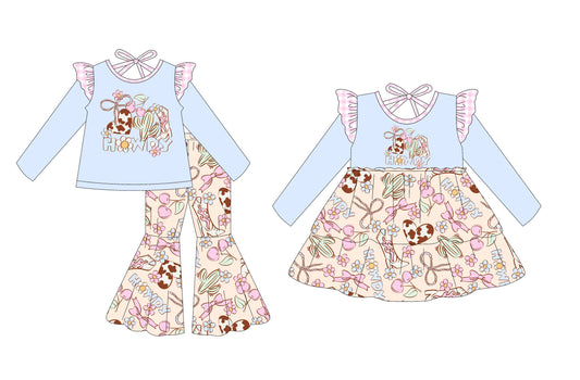 25.6.27 custom each style moq 5eta 4-6week Sibling Sisters boots bow baby girl long sleeve pants sets and dress match family design