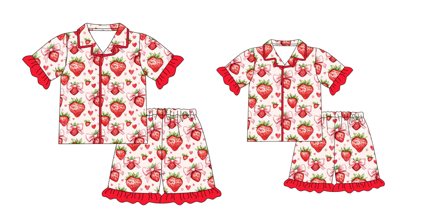 12.23 custom each style moq 5eta 4-6week Sibling Sister bow strawberry short sleeve shorts sets and adult sets match design