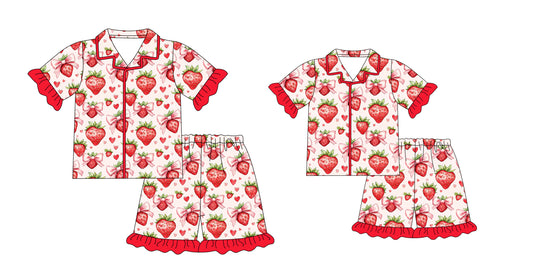 12.23 custom each style moq 5eta 4-6week Sibling Sister bow strawberry short sleeve shorts sets and adult sets match design