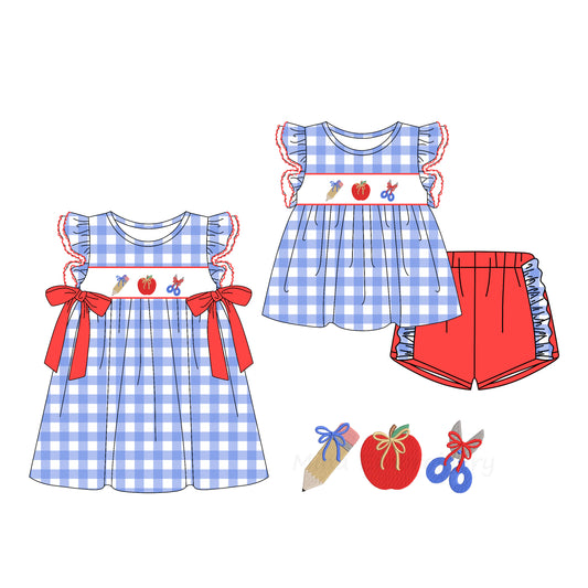 26.1.24 custom each style moq 5 eta 6-8week Sibling Sister apple pencil bow baby short sleeve shorts sets and dress match design