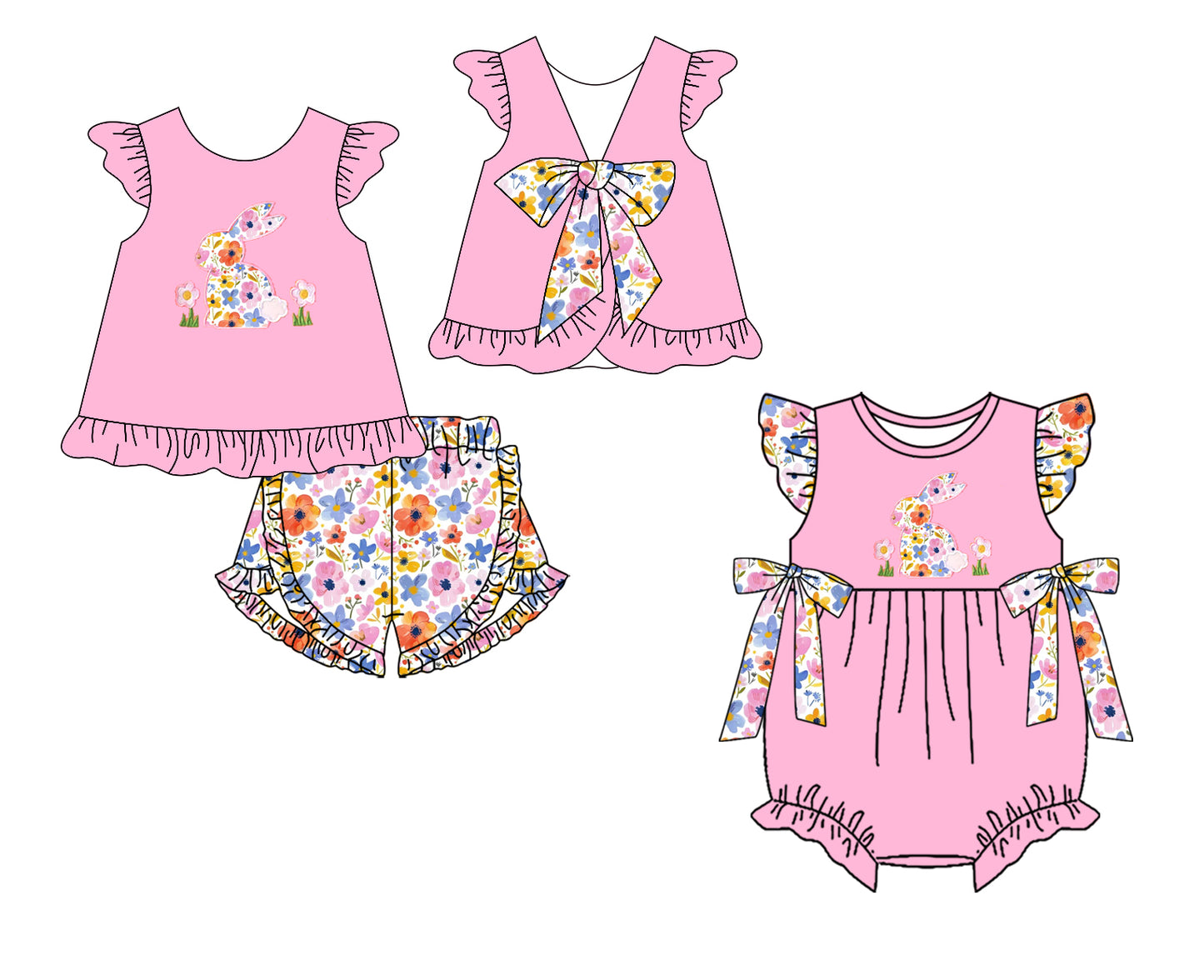 25.12.20 custom each style moq 5 eta 6-8week Sibling Sister bunny floral baby girl short sleeve shorts sets and romper match design
