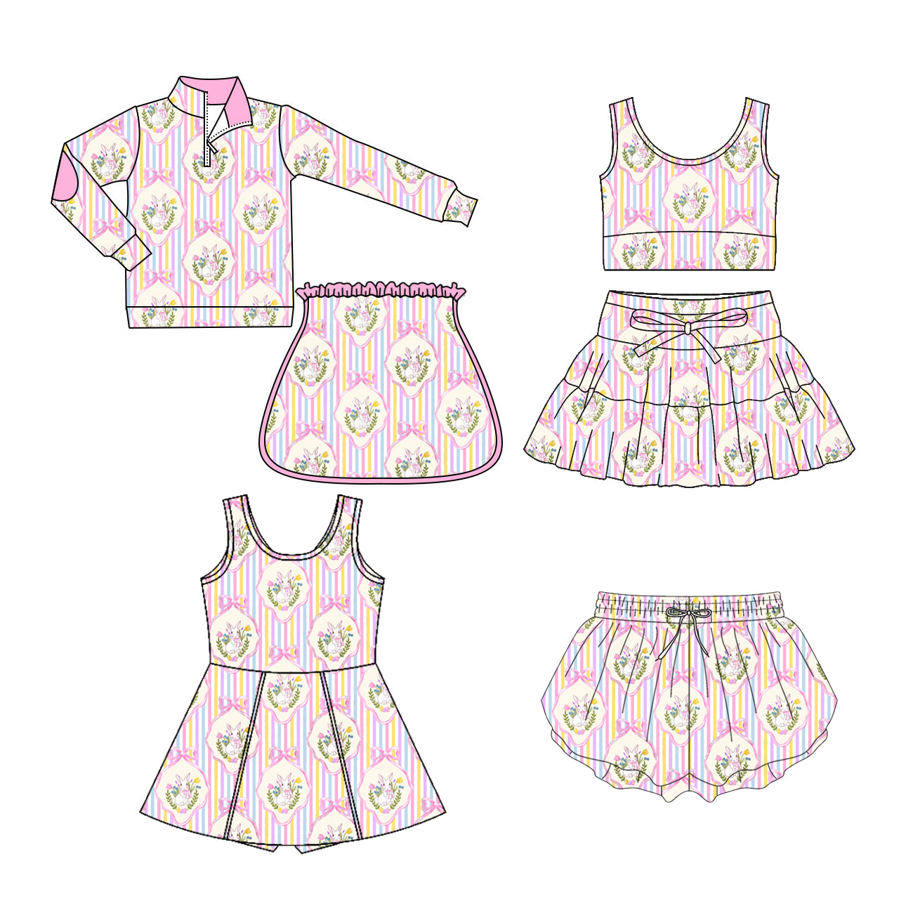 Custom moq 5 mix size Sibling Pink Bunny Print Easter Yoga Set for Baby Girls Yoga Dress And Shorts Outfit