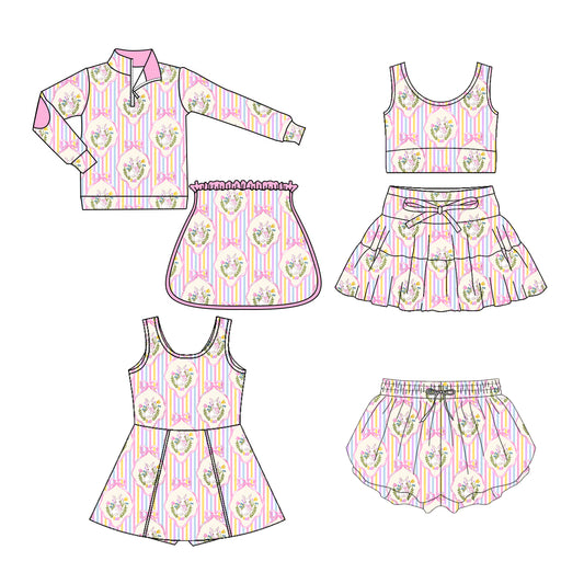 Custom moq 5 mix size Sibling Pink Bunny Print Easter Yoga Set for Baby Girls Yoga Dress And Shorts Outfit