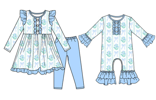 25.5.8 custom each style moq 5eta 4-6week Sibling Sisters floral bow blue baby girl long sleeve pants sets and rompers match family design