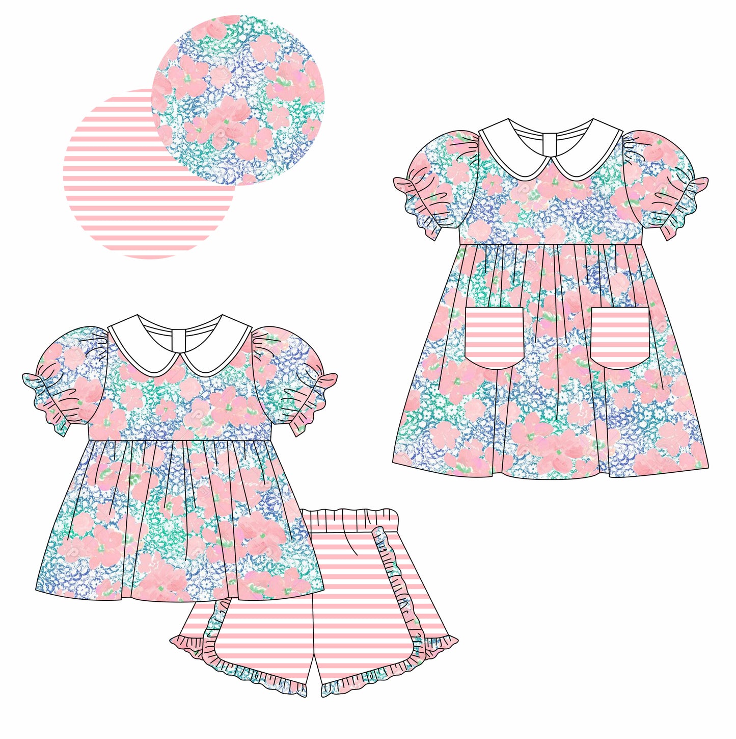 11.13 custom each style moq 5eta 4-6week Sibling Sister floral baby girl short sleeve shorts sets and dresses match design