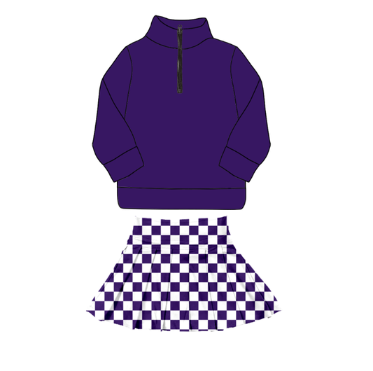 custom moq 5 mix size Baby Girls Purple Long Sleeve Zip Up Top Plaid Skirt Clothes Set